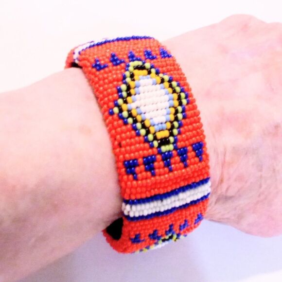 African Inspired Orange Seed Bead Vintage Cuff Bracelet - Picture 4 of 5